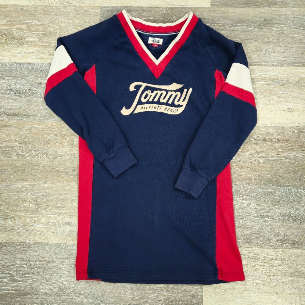 Tommy Hilfiger Denim Sweatshirt Dress XS Navy Red Colorblock - Picture 7 of 7